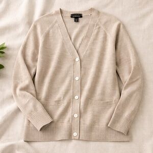 Lands’ End 100% Merino Wool Cardigan • Soft Neutral Layering Classic